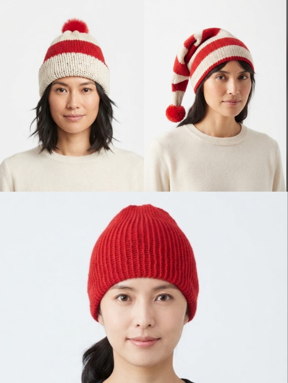Handmade 3-in-1 Santa Hat Crochet Reversible Slouchy Red Striped Beanie Holidays